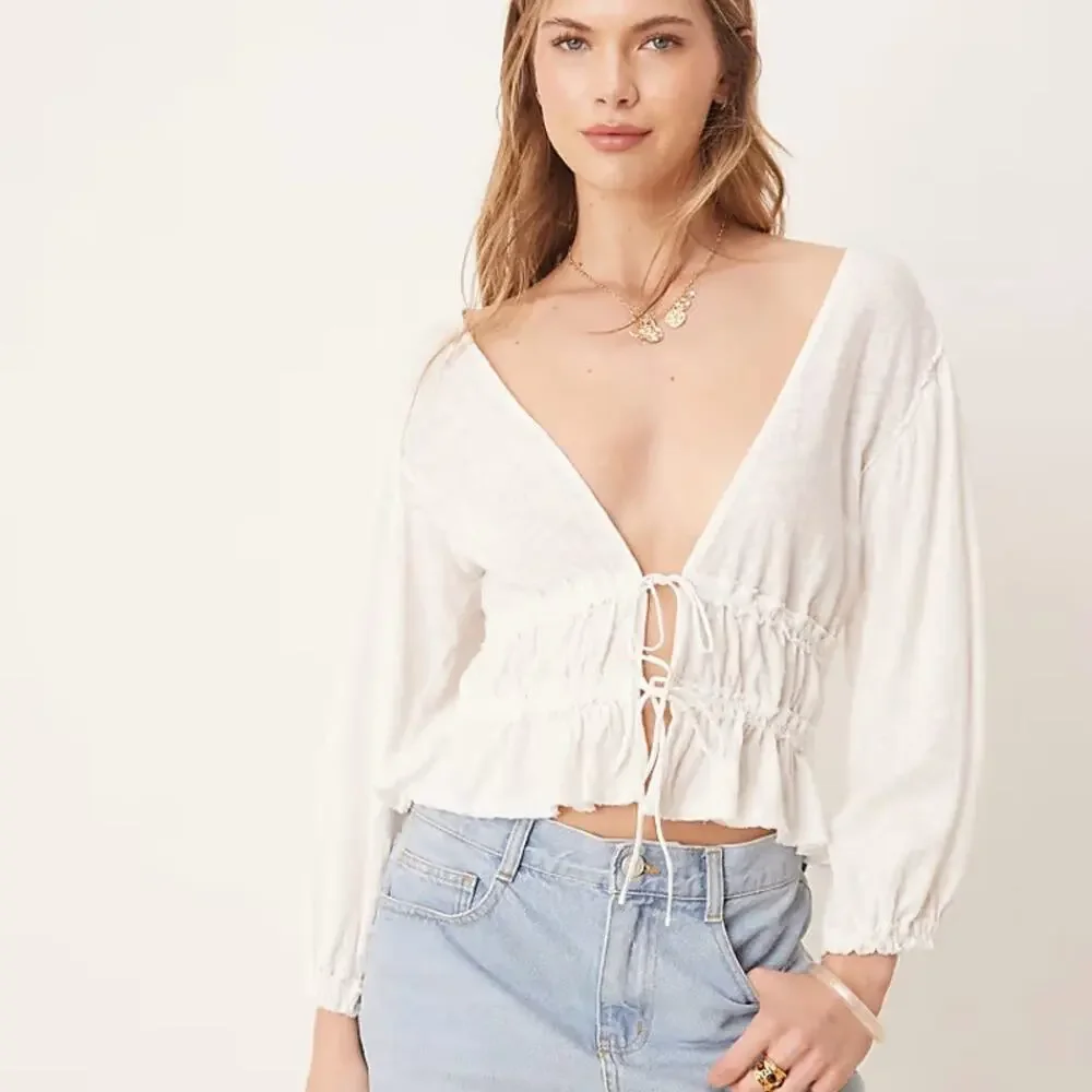 Free People Let's Go Linen Blend Tie Front Jersey Blouse in Ivory Size Large